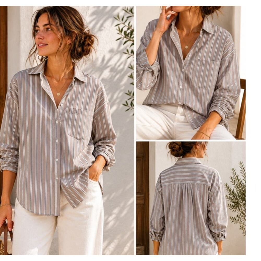Banana Republic Women Medium Tan Stripe Button Front Boyfriend Shirt Cotton